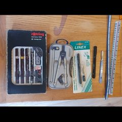protractor, metric ruler , rotring set water and fade pens