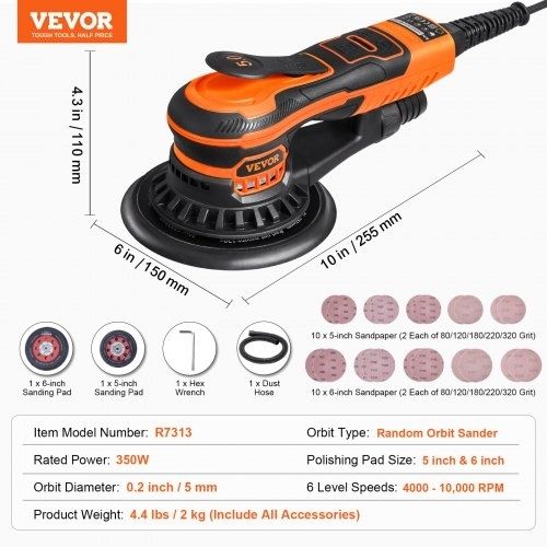 Random Orbital Sander 5 & 6-Inch, 350W Brushless Orbital Sander, 10,000 PRM 6 Variable Speed Electric Palm Sander with 20PCS Sandpapers, Dust Connector & Hose for Woodworking Detailing Sanding