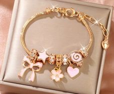 Pink Bow and Heart Adjustable Charm Bracelet