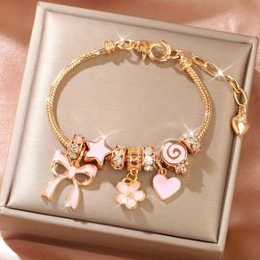 Pink Bow and Heart Adjustable Charm Bracelet