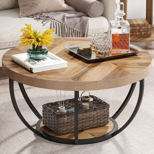 Round Coffee Table, Industrial 2-Tier Circle Coffee Table with Storage Shelves