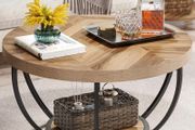 Round Coffee Table, Industrial 2-Tier Circle Coffee Table with Storage Shelves