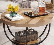 Round Coffee Table, Industrial 2-Tier Circle Coffee Table with Storage Shelves