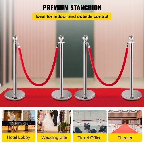 Retractable Silver Round Top Queue Control Barrier Posts Stands Security Stanchion Rope Divider with 1.5M Red Rope Crowd Control Barrier Silver Round top Column