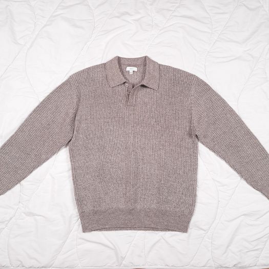 Next Taupe Mushroom Brown Ribbed Button Collar Polo Knit Jumper Mens Size L