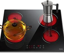 Ceramic Hob 60 cm Electric Hob 4 Zone with Touch Control 6000W 9 Power Levels Safety Lock Auto switch off safety Residual heat indicator Hard Wire, No Plug Included