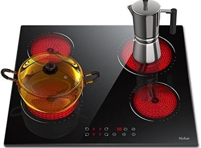 Ceramic Hob 60 cm Electric Hob 4 Zone with Touch Control 6000W 9 Power Levels Safety Lock Auto switch off safety Residual heat indicator Hard Wire, No Plug Included