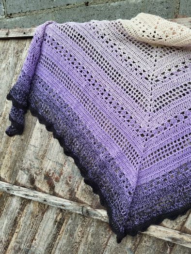 Handmade crochet triangle shawl wrap. Violet lila black ombre lacy shawl