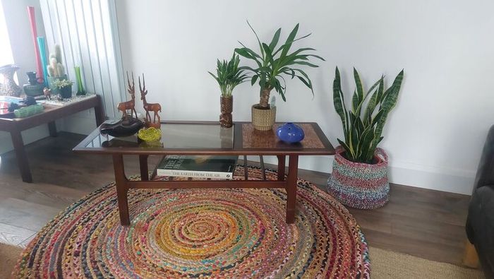Stunning and Unique/Rare Mid Century Modern Wooden Coffee Table with Smoked Glass and Acid-Etched Copper Inlay and Slatted Magazine Shelf