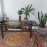 Stunning and Unique/Rare Mid Century Modern Wooden Coffee Table with Smoked Glass and Acid-Etched Copper Inlay and Slatted Magazine Shelf Image 4
