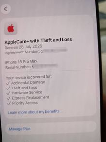 iphone 16 pro max with apple theft and care+