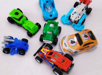 Lot of 7 Mini cars from Kinder Surprise eggs including Takara Blue Dune Buggy Penny Pull Back Racer
