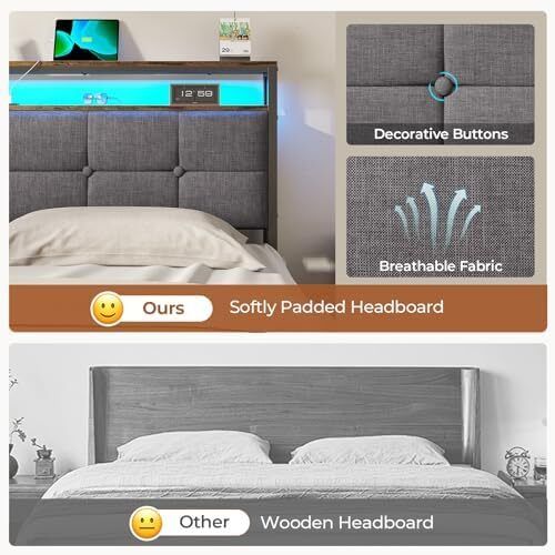 King Size Bed Frame with LED Lights & Charging Station Upholstered Storage Headboard/Under Bed Storage