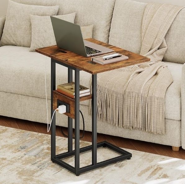 Bedside Table with Charging Station, C Shaped Side Table with Storage Shelf, Slim Sofa Table Small Tables Laptop Tables for Small Space, Rustic Brown and Black