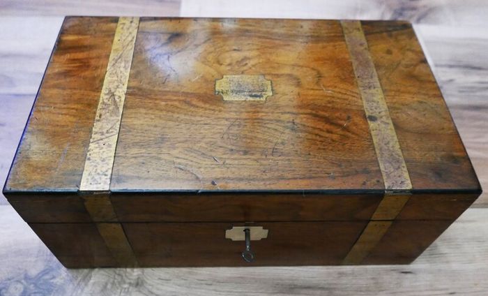 Antique Victorian  Brass Bounded Writing Box (WITH A KEY) 16" X 9" X 6,5"
