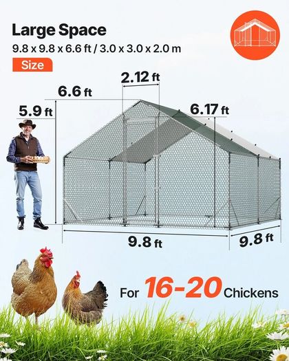 Large Metal Chicken Coop 3 x 3 x 2 m  Walk-in Chicken Run House with Waterproof Cover and Sturdy Frame
