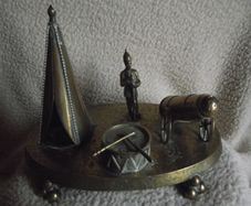 Victorian Brass Inkwell Desk Set - Military Theme - Lozenge Mark 13th January 1883