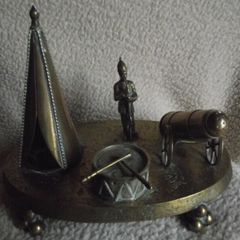 Victorian Brass Inkwell Desk Set - Military Theme - Lozenge Mark 13th January 1883