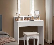 LED Dressing Table with Mirror and Bulbs Cosmetic Table with 2 Drawers and 3 Open Compartments