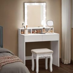 LED Dressing Table with Mirror and Bulbs Cosmetic Table with 2 Drawers and 3 Open Compartments