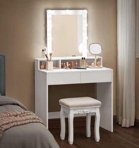 LED Dressing Table with Mirror and Bulbs Cosmetic Table with 2 Drawers and 3 Open Compartments
