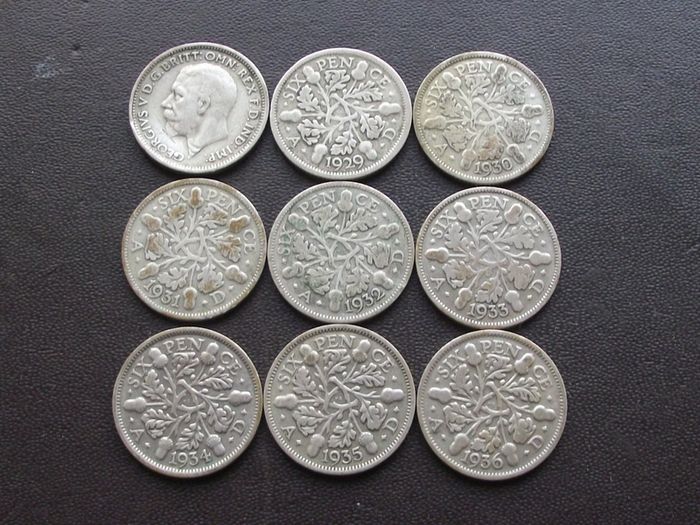 Great Britain. George V. 9 Silver@6 pence Run of the years (1928-1936)