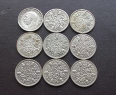 Great Britain. George V. 9 Silver@6 pence Run of the years (1928-1936)