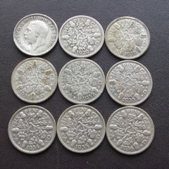 Great Britain. George V. 9 Silver@6 pence Run of the years (1928-1936)