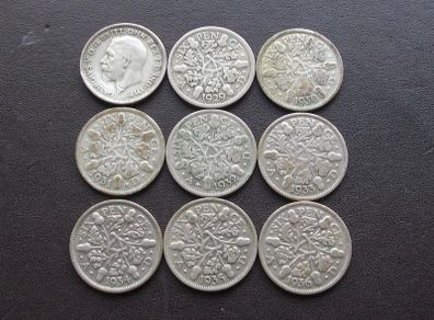 Great Britain. George V. 9 Silver@6 pence Run of the years (1928-1936)