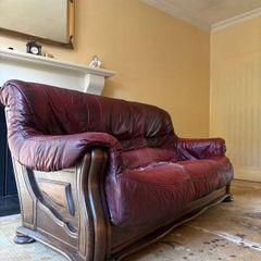 Solid Wood Leather 3 Piece Suite  Sofa & 2 Chairs
