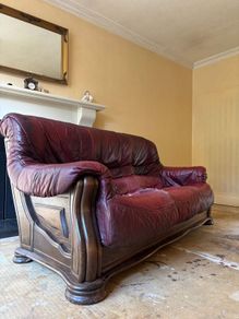 Solid Wood Leather 3 Piece Suite  Sofa & 2 Chairs