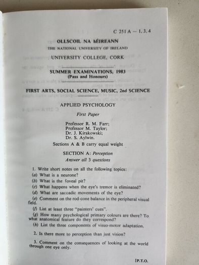 The National University Of Ireland.  Examination Papers 1983. Music, Socialsc,lawcatechetics. Paperback In Good Condition. See Photos For Same.