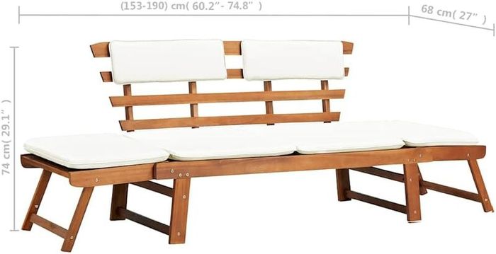 2 in 1 Acacia Garden Bench & Sun Lounger with Cushion