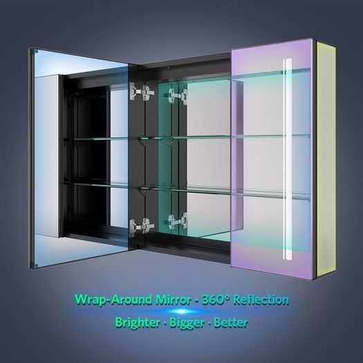 Bathroom Mirror Cabinet with LED Lights, Anti-Fog, Colour Changing & Touch Sensor, Aluminium Double Door, 650x600mm Dimmable, Shaver Socket