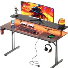 Gaming Desk with LED & Power Outlets, 100 x 50 cm Computer Desk