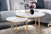 Round Coffee Tables, Removable Set of 2 End Table, Nesting Tables with Gold Metal Frame Legs and Marble White Top for Living Room, Bedroom, Office, Balcony, Apartment (White)