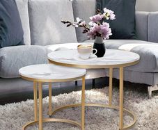 Round Coffee Tables, Removable Set of 2 End Table, Nesting Tables with Gold Metal Frame Legs and Marble White Top for Living Room, Bedroom, Office, Balcony, Apartment (White)