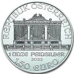 The 2022 Austrian Philharmonic 1 oz silver coin is a popular European bullion coin struck by the Austrian Mint in \(.999\) fine silver