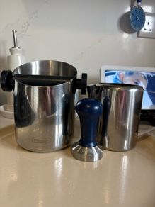 DeLonghi tamper box, tamper and stainless jug