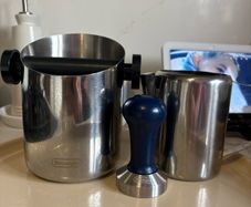 DeLonghi tamper box, tamper and stainless jug