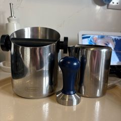 DeLonghi tamper box, tamper and stainless jug