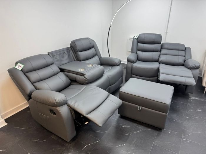 Roma Dark Grey Leather Recliner Sofa Set + Footstool