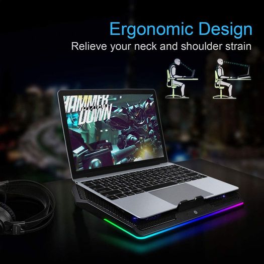 RGB Gaming Cooling Pad Quiet Laptop and Notebook Cooling Pad With 5 Fans, Touch Button and Blue LED Laptop Cooler fits 12"-19"
