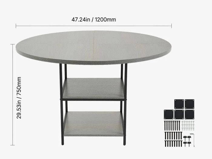 Round Dining Table, 47 inch Wood Table for 4-6 Person, Modern Circle Dinner Furniture, Leisure Tables with Storage Shelf and Metal Legs, for Home Kitchen Living Room, Grey (Only Table)