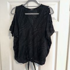 Wallis Women's Sparkly Black Cold Shoulder Top - Size small
