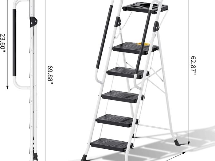 Folding 5-Step Ladder, 800 lbs Capacity Step Stool with Safety Lock, Tool Tray, Non-Skid Wide Steps, Handrail, Household Ladder for Home, Garden, Painting, Outdoor, and Garage Use, White