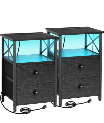 Bedside Table Set of 2, Side Table with Charging Station and Led Lights