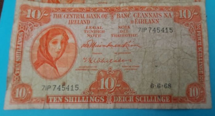 Irish 1966 &68 X 5 Lavery ten shilling banknote in used condition