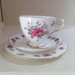 Vintage Queen Anne Bone China Tea TRIO / Set Pink Floral Gold