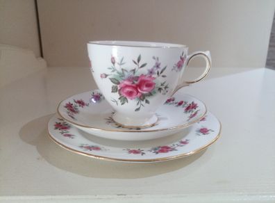 Vintage Queen Anne Bone China Tea TRIO / Set Pink Floral Gold